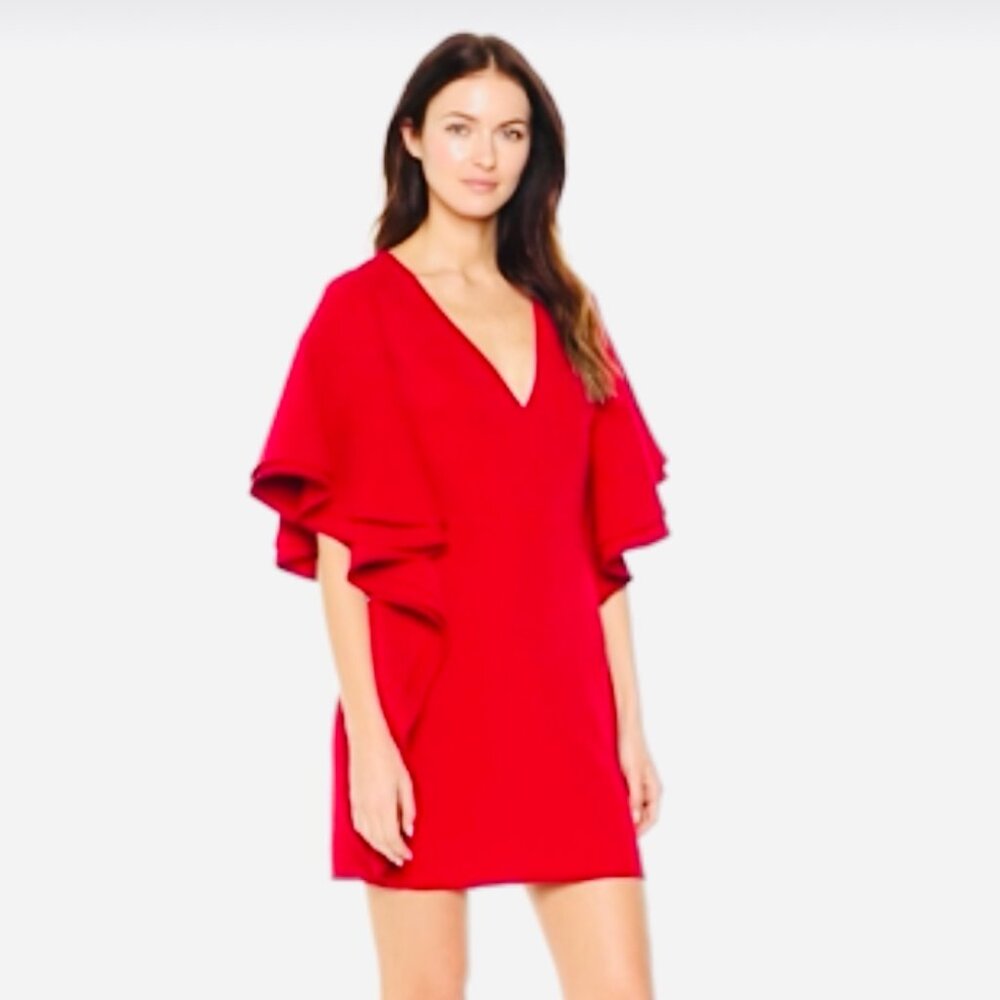 Halston V-Neck Flounce Sleeve Mini Dress (Red) size:12